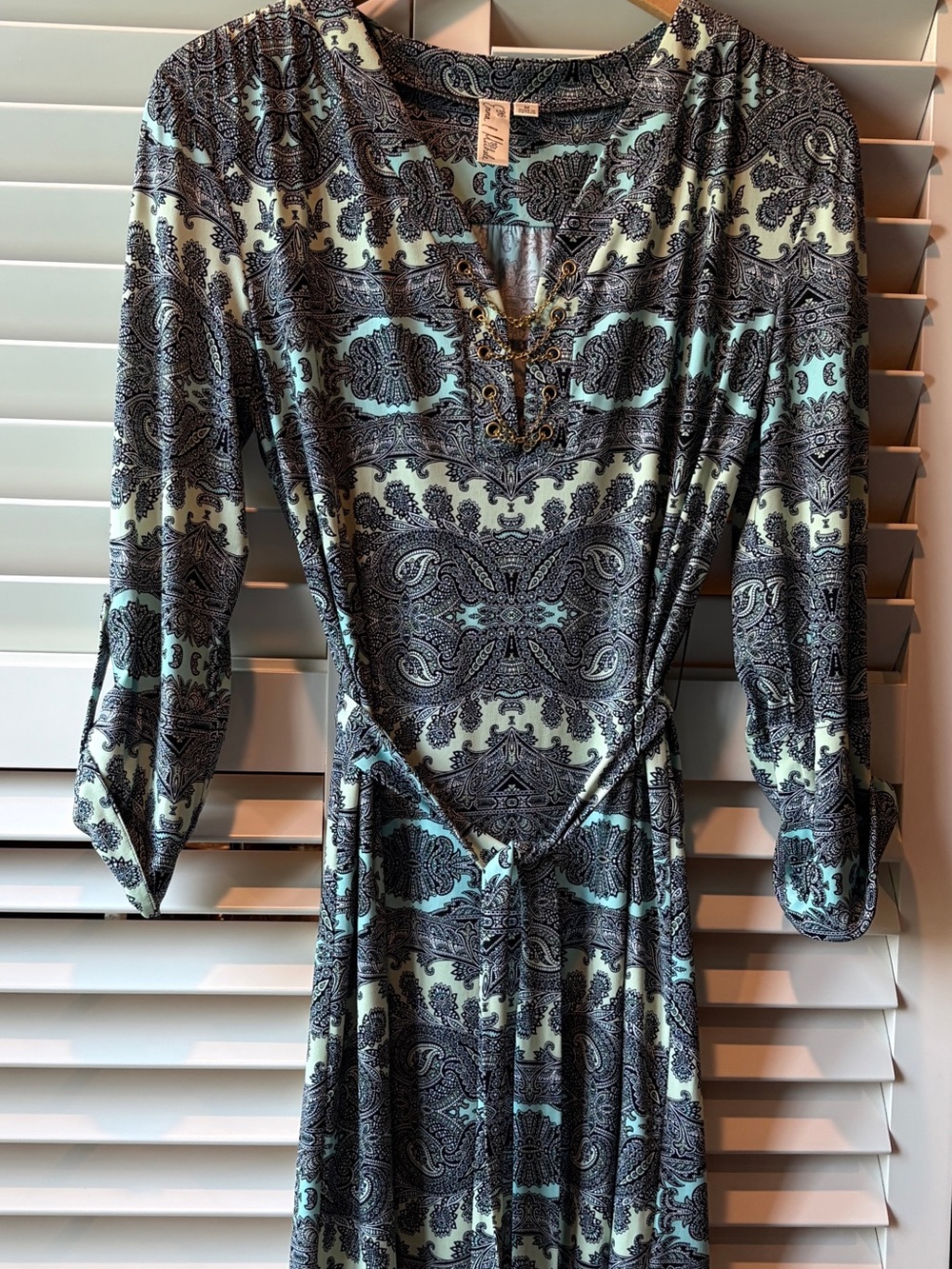 Emma & Michele Paisley Long Sleeve Tie-Waist Dress in Mint and Black